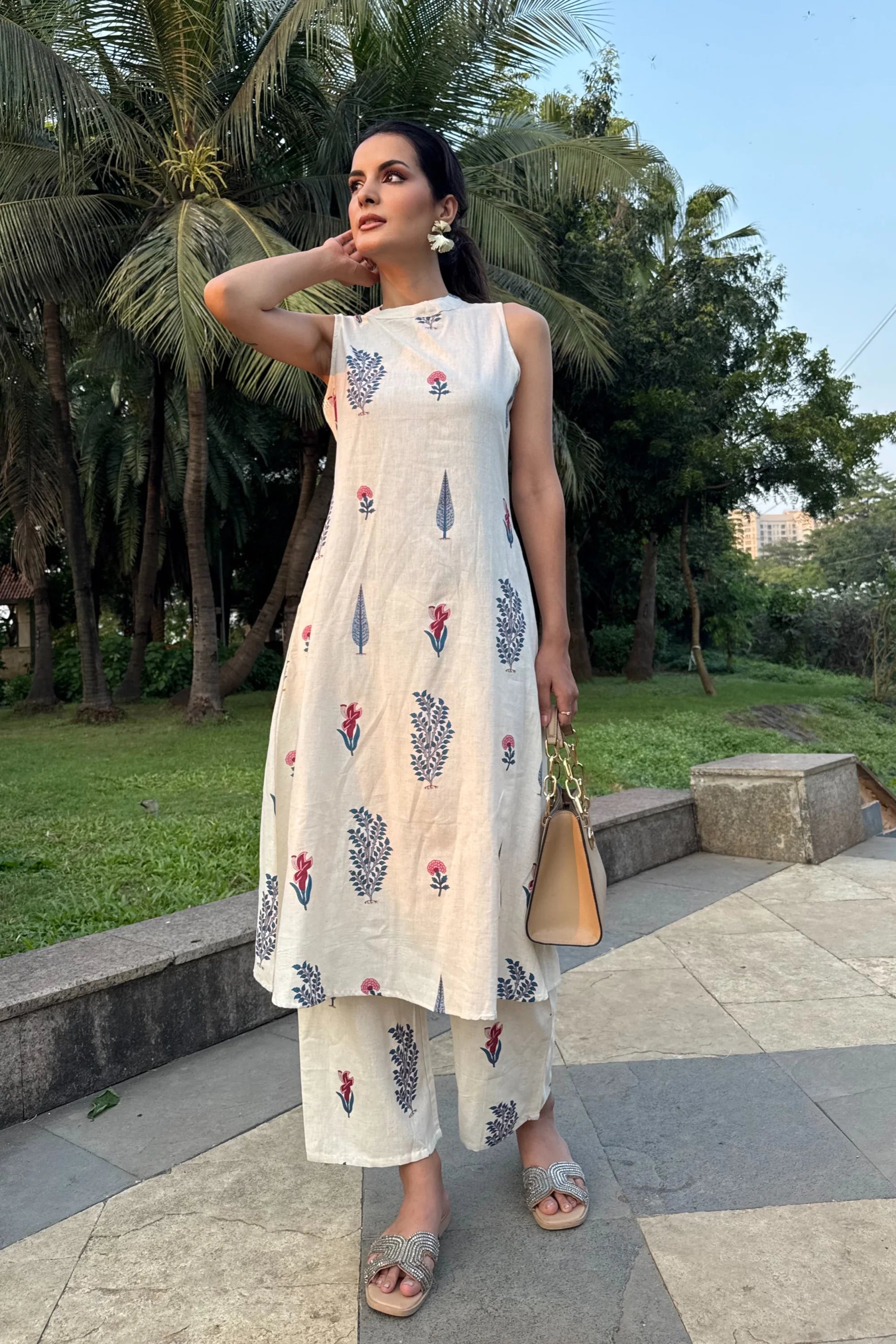 Cotton linen floral printed co-ord set - L - Co-ord set