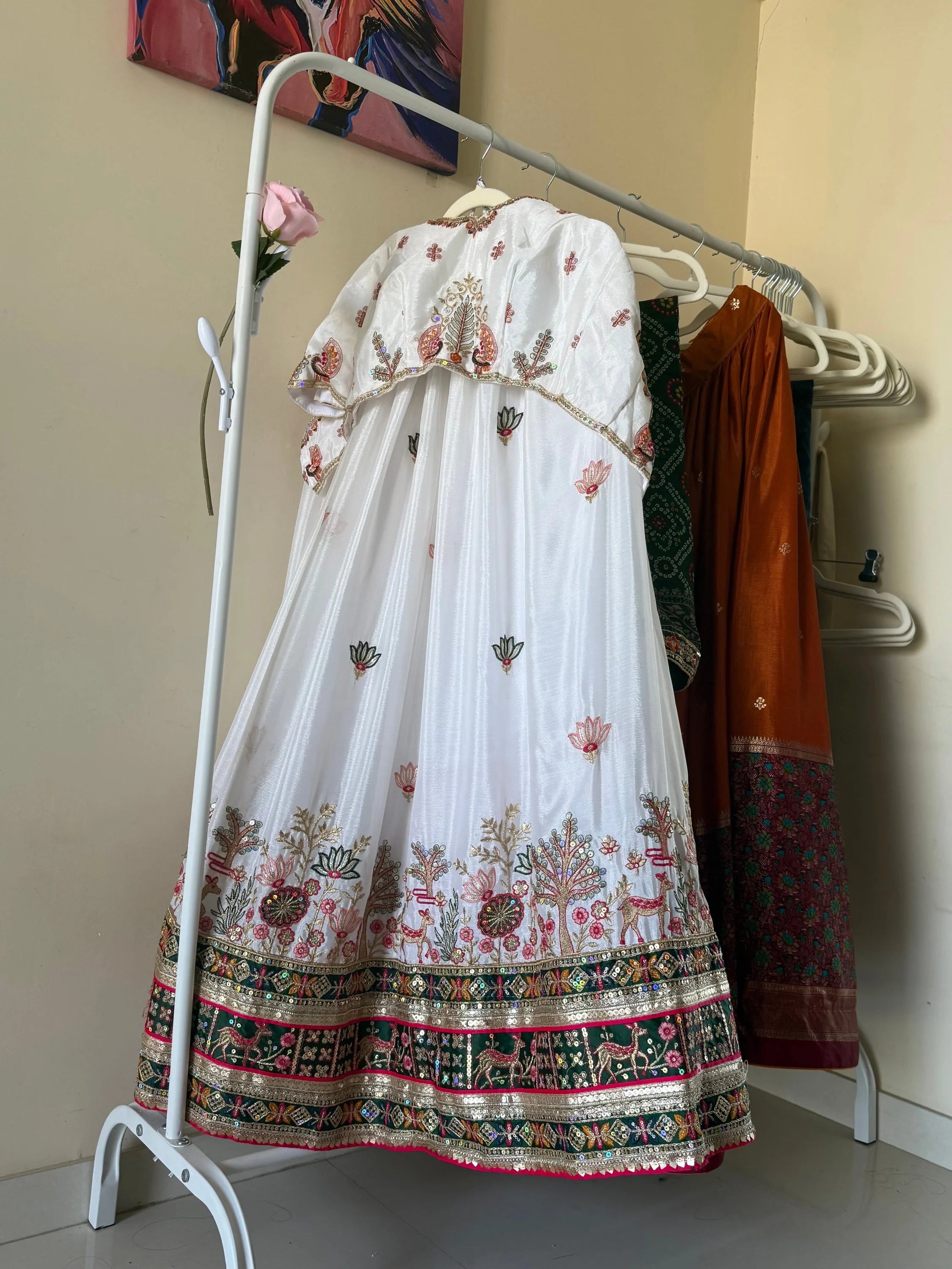 Green & white bandhani print Lehenga - Lehenga