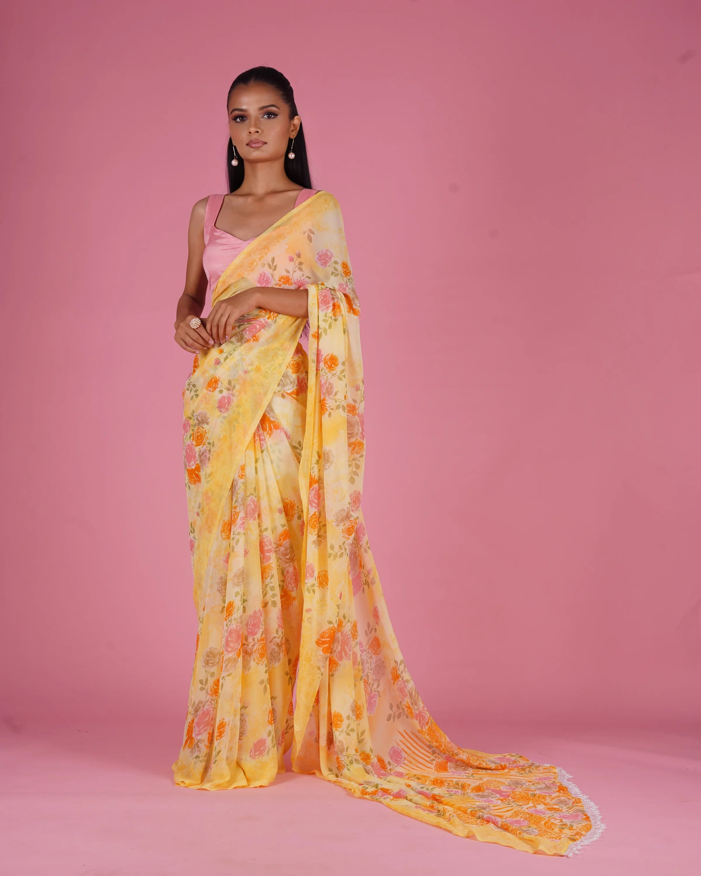 Printed Floral Saree With Beeds - saree