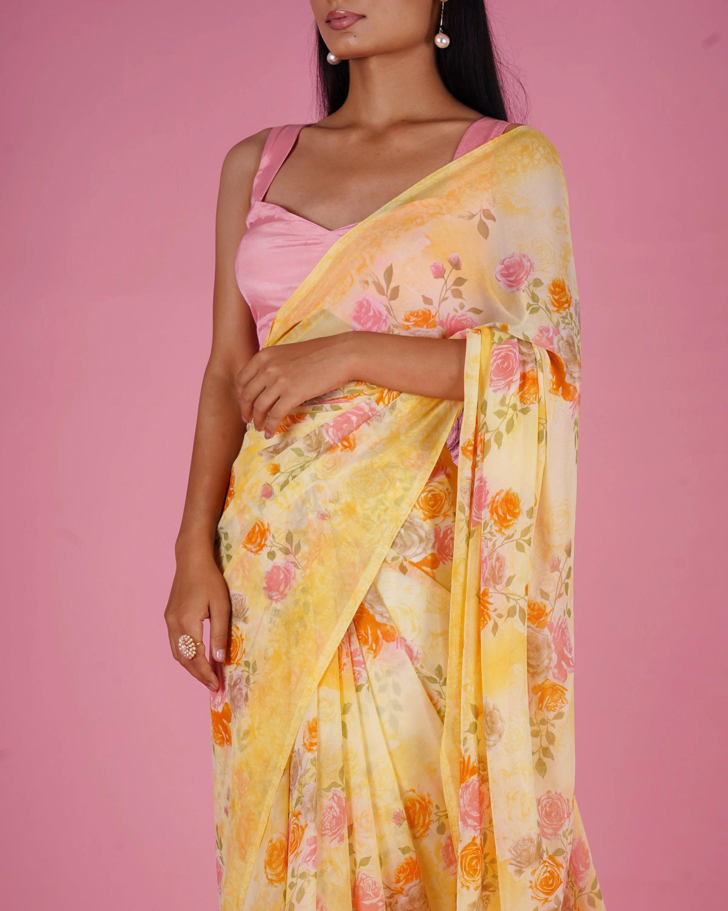 Printed Floral Saree With Beeds