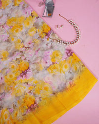 Printed Floral Saree With Beeds Amber yellow saree