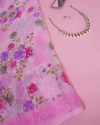 Printed Floral Saree With Beeds Hot pink saree