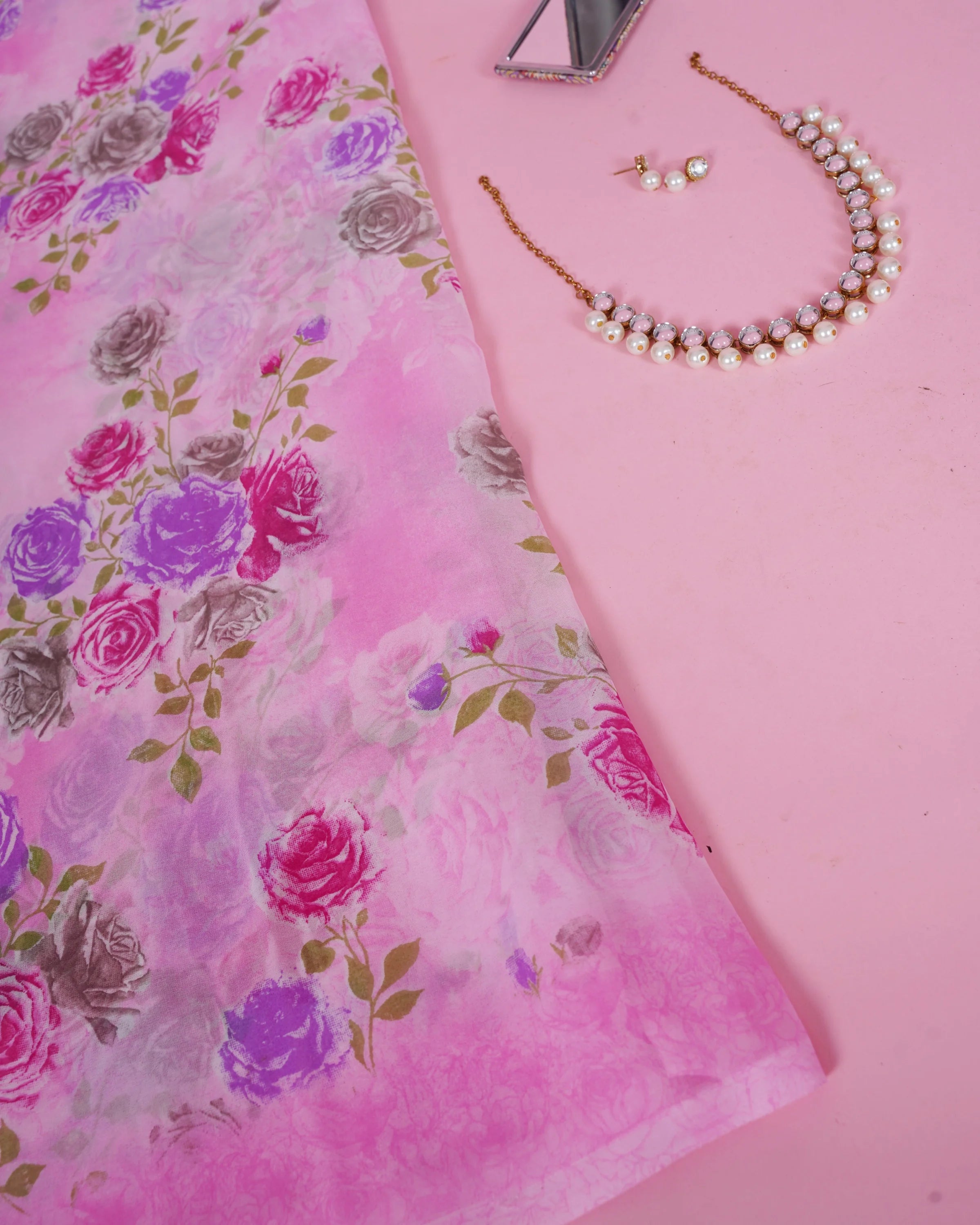 Printed Floral Saree With Beeds Hot pink saree