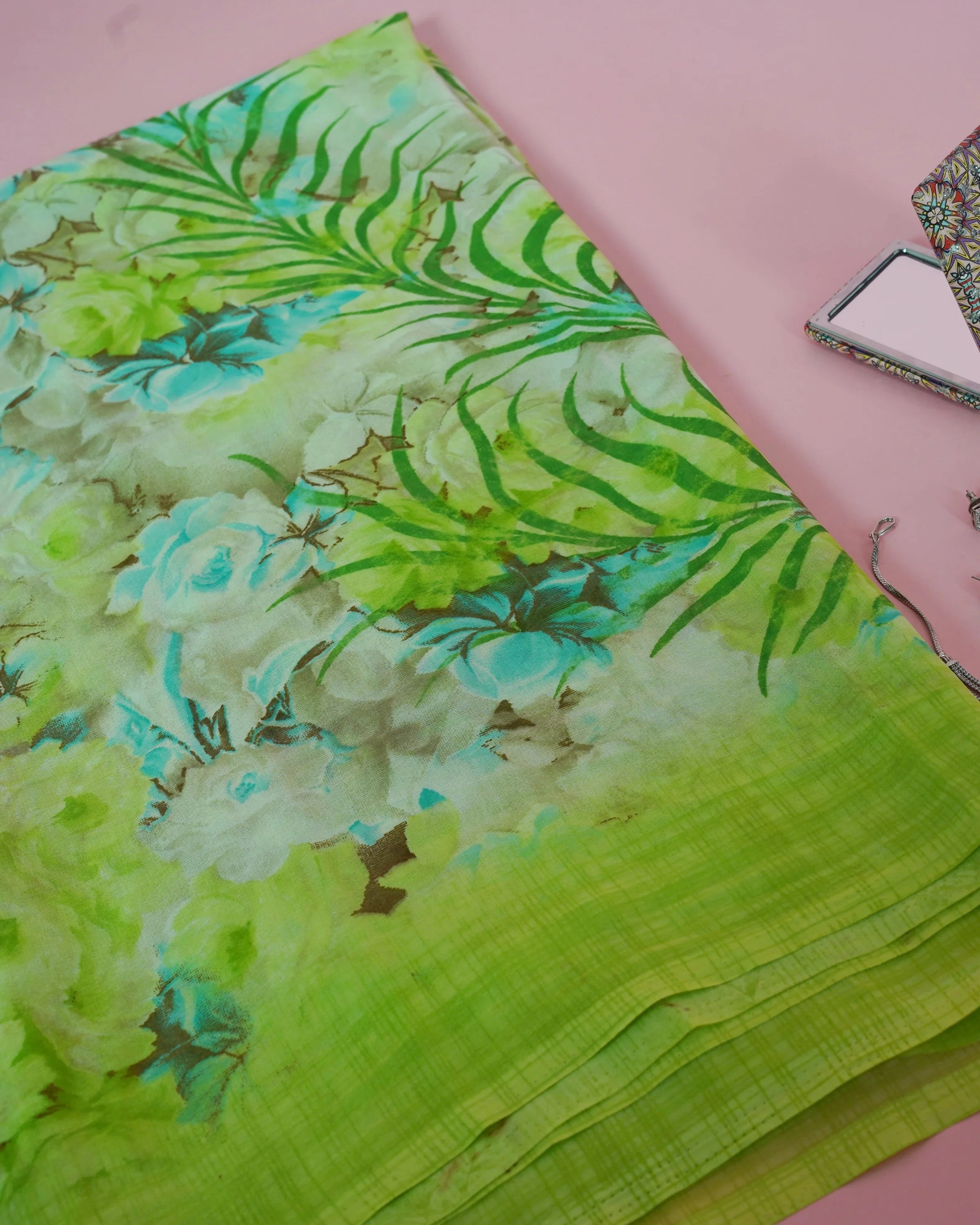 Printed Floral Saree With Beeds Kelly green saree