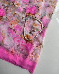 Printed Floral Saree With Beeds Orange pink saree