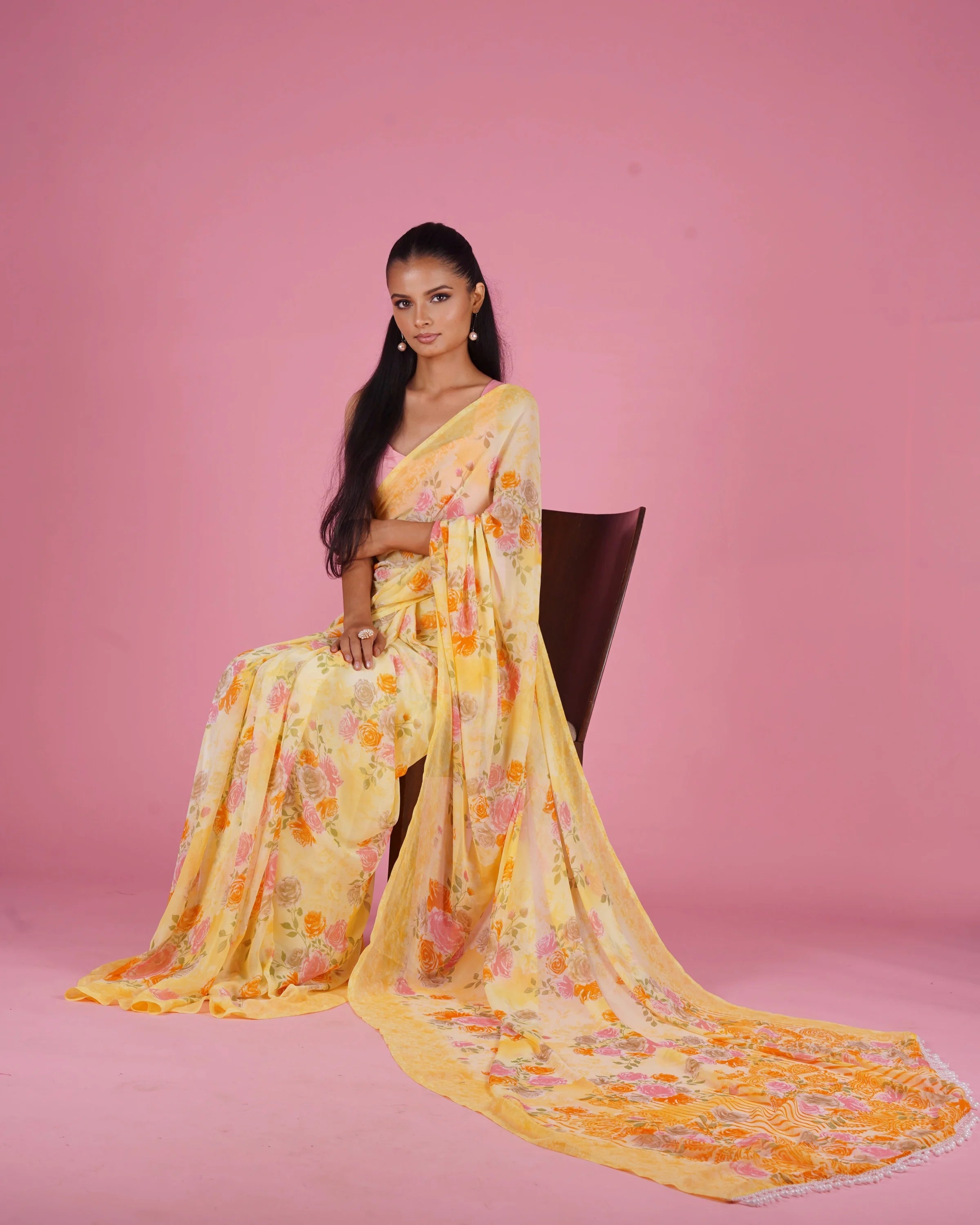 Printed Floral Saree With Beeds