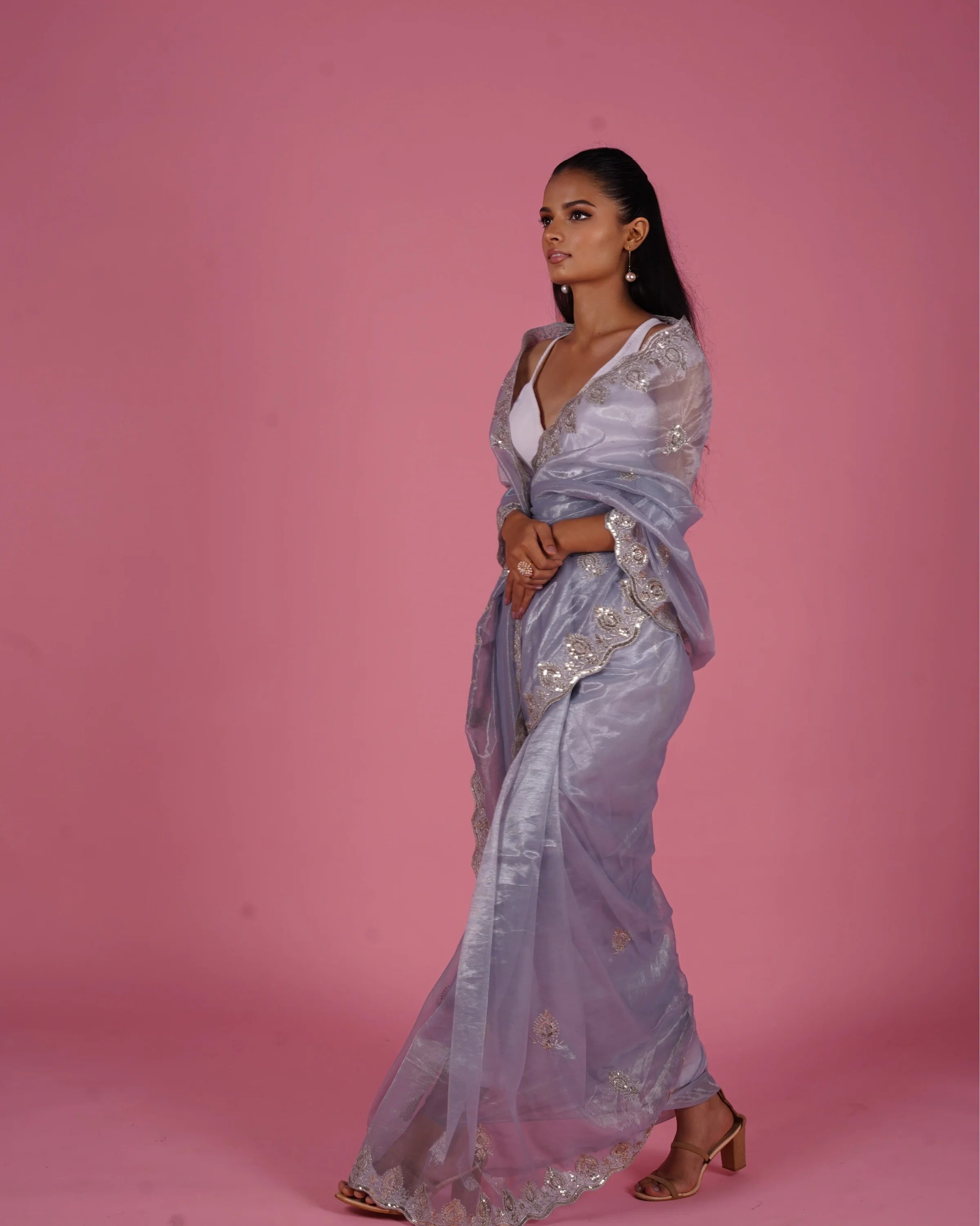 Tissue Net Saree With Embroidery Blue saree
